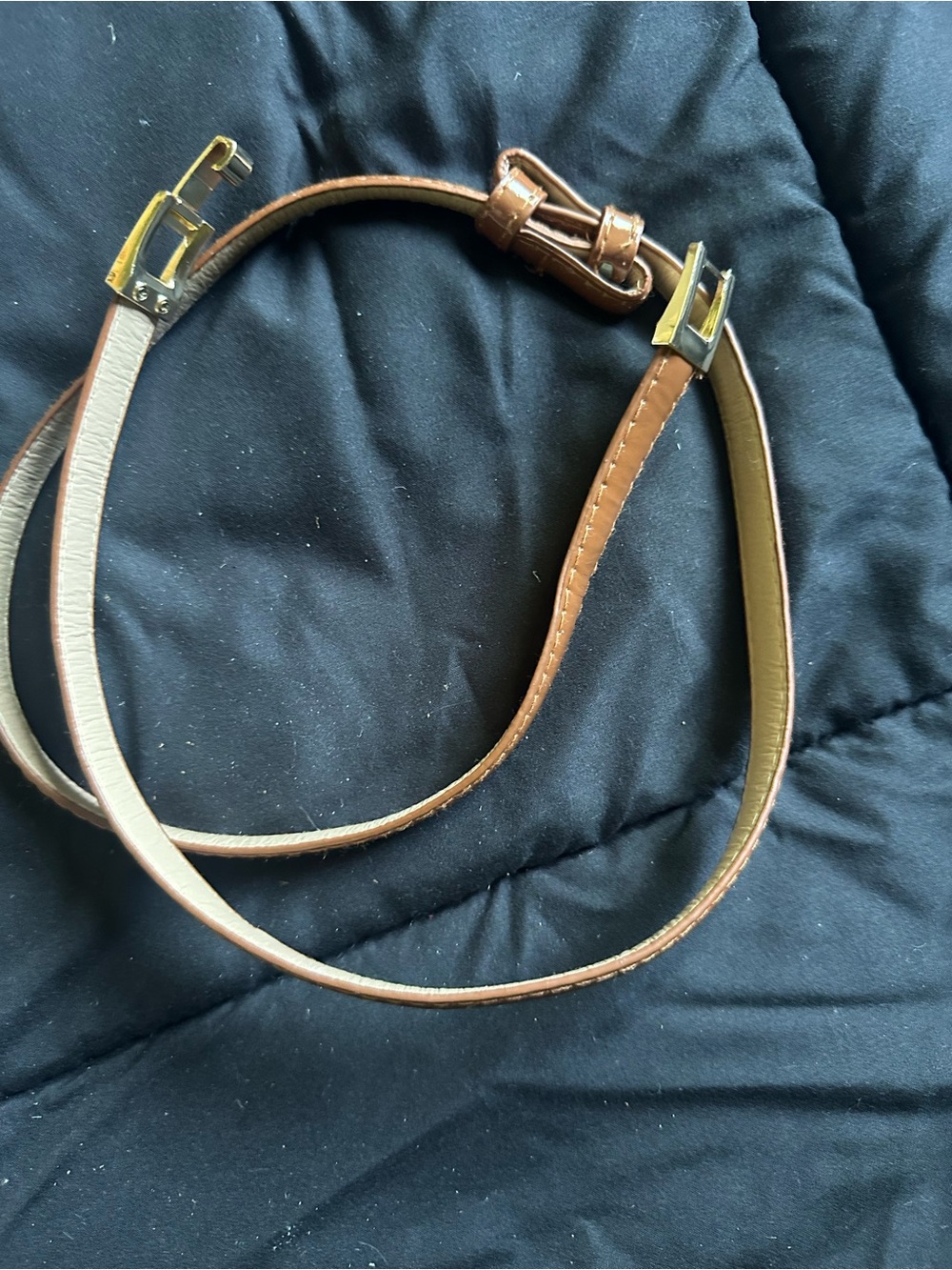 Adjustable Brown Leather Bag Strap with Gold Buckles